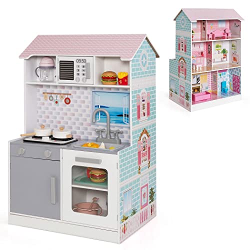 RajoNN 2-in-1-Spielzeugküche und Puppenhaus für Kinder, doppelseitiges Rollenspielset mit Puppenmöbeln und Küchenzubehör, für Kinder ab 3 Jahren (blau) von RajoNN
