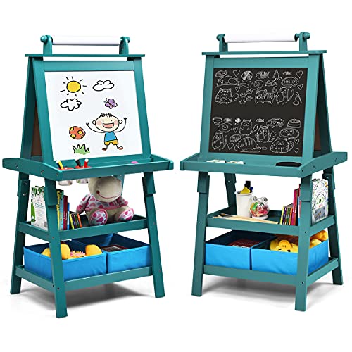 RajoNN 3-in-1-Kunststaffelei für Kinder, doppelseitige Tafel und magnetische Whiteboard-Staffeleien mit Papierrolle, Aufbewahrungsboxen und Regalen, Lernspielzeug für Kinder, Geschenk (grün) von RajoNN