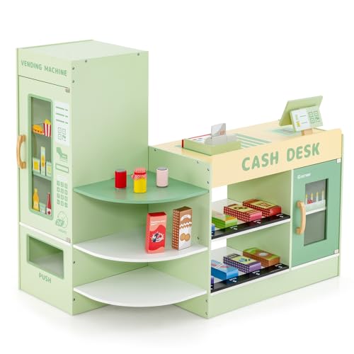 RajoNN Rollenspielladen, Kinder-Supermarkt-Spielset mit Verkaufsautomat, Scanner, 13 Lebensmittelspielzeugen, Rollenspiel-Lebensmittelgeschäft aus Holz für Kinder ab 3 Jahren (grün) von RajoNN