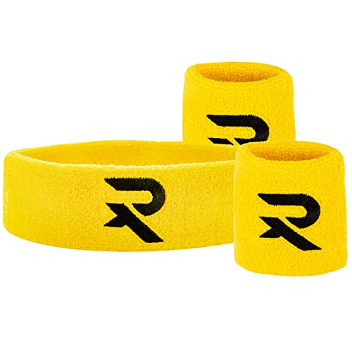 Raquex Armband & Stirnband Set - 2 x Armband, 1 Stirnband, eng anliegend, Baumwolle, Dehnbare Schweißbänder für Sport (Gelb) von Raquex