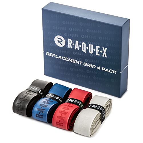 Raquex Ersatz-PU-Griffband 4er-Pack: Tennis, Squash, Badminton. Selbstklebendes Griffband für Schläger. Wiederverwertbare Geschenkverpackung aus Pappe (Schwarz, blau, rot, weiß) von Raquex