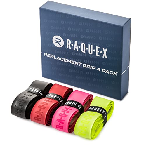 Raquex Ersatz-PU-Griffband 4er-Pack: Tennis, Squash, Badminton. Selbstklebendes Griffband für Schläger. Wiederverwertbare Geschenkverpackung aus Pappe (Schwarz, rot, rosa, gelb) von Raquex
