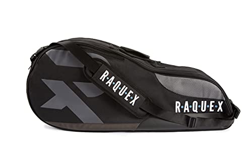 Raquex Schlägertasche – Reisetasche für Tennis-, Squash- und Badmintonschläger. Platz für bis zu sechs Tennisschläger + Zubehör + Turnschuhe (Schwarz) von Raquex