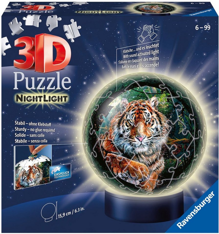 Ravensburger Puzzleball Nachtlicht Raubkatzen, 72 Puzzleteile, mit Leuchtsockel inkl. LEDs, FSC® - schützt Wald - weltweit von Ravensburger