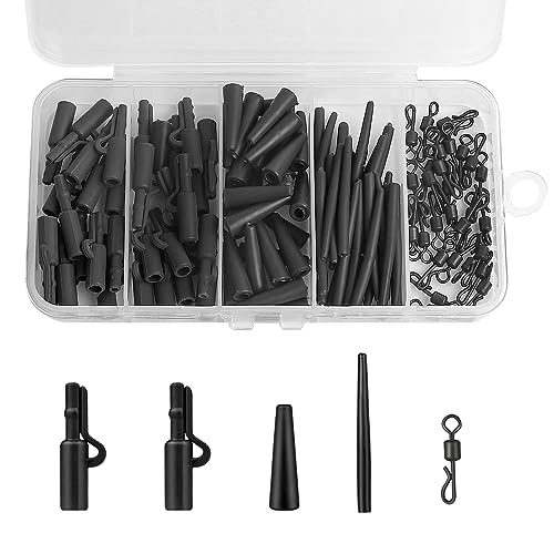 Realure 120 Stück Karpfen Zubehör Set Komplett Profi mit Sicherheits Clips Anti Tangle Ärmel Tail Gummi Rohre Schnell Wechselwirbel Clips zum Karpfenangeln Leadclip für Karpfenanfänger (Schwarz) von Realure