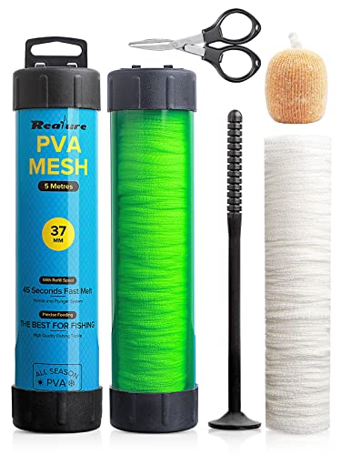 Realure 5M PVA Netz Angeln Set mit Schere, 18mm 25mm 37mm 44mm Breit PVA Mesh Karpfen Zubehör mit Trichter & Stößel System, Schnelles Schmelzen PVA Beutel Angeln PVA Bags für Boilie Köder Futter von Realure