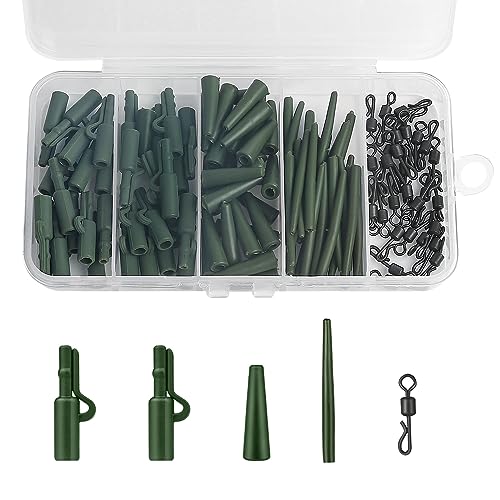 Realure 120 Stück Karpfen Zubehör Set Komplett Profi mit Sicherheits Clips Anti Tangle Ärmel Tail Gummi Rohre Schnell Wechselwirbel Clips zum Karpfenangeln Leadclip für Karpfenanfänger (Grün) von Realure