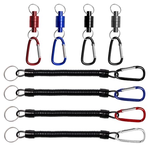 Rebanky 4 Stück Magnet für Kescher Magnet Clip Karabiner Fliegenfischen Release Clip Magnetnetz Release Clip mit Spiralband Magnetischer Release Clip für Befestigung von Fischernetzen und Aussetzen von Rebanky
