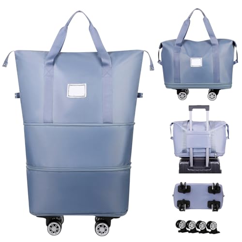 Reisetasche mit Rollen, Reisetasche mit Trolley Funktion, Faltbar, Erweiterbar, 28-58L Reisetasche mit Rollen, Faltbare Tasche, Kleidertaschen, Travel Bag Reisekoffer Duffle Bag Damen Herren (Blau) von Recitem