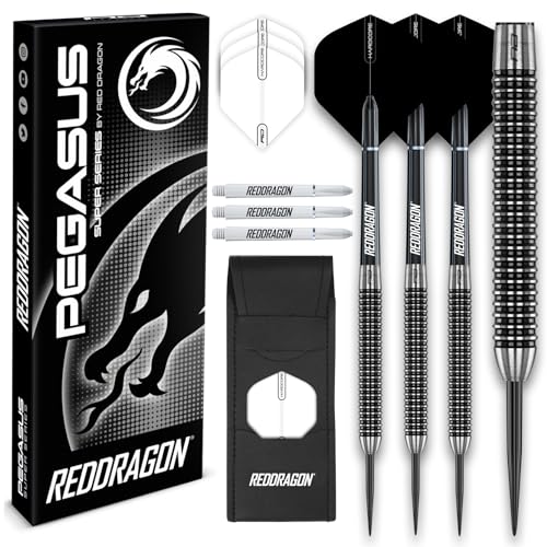 RED DRAGON Pegasus Professionelles Wolfram-Steeltip-Dart-Set, erhältlich in 21, 23, 24, 25, 26, 28, 30 Gramm, mit Flights, Schäften (Schäften) und Tasche (Schwarz 21G, 1) von RED DRAGON