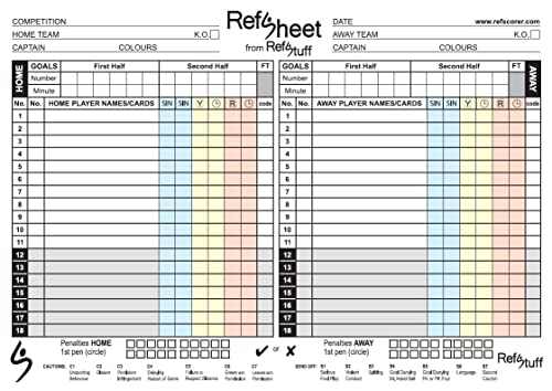 RefStuff RefSheet (50er-Pack) Colour Fußball-Schiedsrichter Spieltagsbogen (inkl. Sünderbänke und Strafstöße) von RefStuff RefScorer