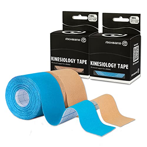 Rehband Kinesiologie Tape zur Selbstanwendung, Physio Sport-Tape zur Unterstützung von Gelenken & Muskulatur, wasserfest, hautfreundlich, elastisch, Farbe:1 x Blau / 1 x Beige, Größe:2 Rollen von Rehband