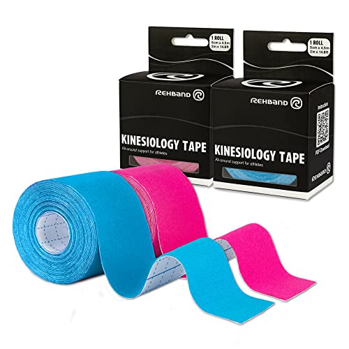 Rehband Kinesiologie Tape zur Selbstanwendung, Physio Sport-Tape zur Unterstützung von Gelenken & Muskulatur, wasserfest, hautfreundlich, elastisch, Farbe:1 x Blau / 1 x Pink, Größe:2 Rollen von Rehband
