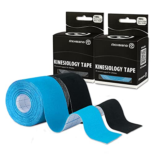 Rehband Kinesiologie Tape zur Selbstanwendung, Physio Sport-Tape zur Unterstützung von Gelenken & Muskulatur, wasserfest, hautfreundlich, elastisch, Farbe:1 x Blau / 1 x Schwarz, Größe:2 Rollen von Rehband