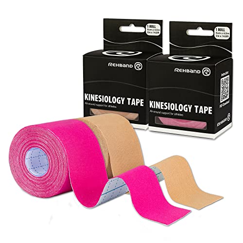 Rehband Kinesiologie Tape zur Selbstanwendung, Physio Sport-Tape zur Unterstützung von Gelenken & Muskulatur, wasserfest, hautfreundlich, elastisch, Farbe:1 x Pink / 1 x Beige, Größe:2 Rollen von Rehband