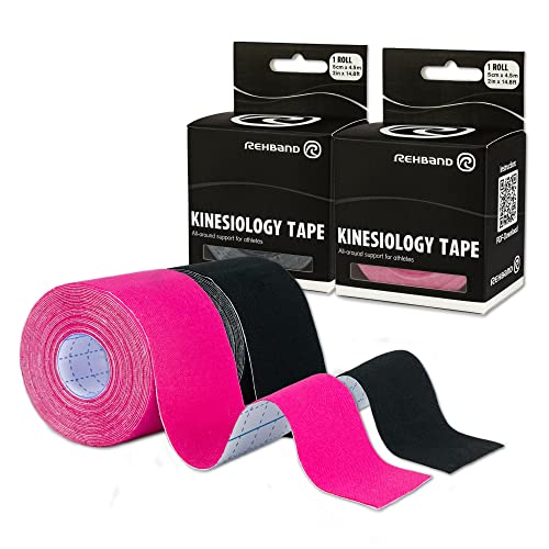 Rehband Kinesiologie Tape zur Selbstanwendung, Physio Sport-Tape zur Unterstützung von Gelenken & Muskulatur, wasserfest, hautfreundlich, elastisch, Farbe:1 x Pink / 1 x Schwarz, Größe:2 Rollen von Rehband