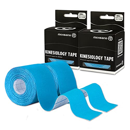Rehband Kinesiologie Tape zur Selbstanwendung, Physio Sport-Tape zur Unterstützung von Gelenken & Muskulatur, wasserfest, hautfreundlich, elastisch, Farbe:2 x Blau, Größe:2 Rollen von Rehband