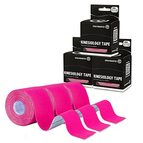 Rehband Kinesiologie Tape zur Selbstanwendung, Physio Sport-Tape zur Unterstützung von Gelenken & Muskulatur, wasserfest, hautfreundlich, elastisch, Farbe:3 x Pink, Größe:3 Rollen von Rehband