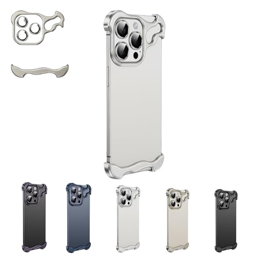 Special-Shaped Metal Corner Pad Anti-Fall Phone Case for iPhone 15 14 13 Pro Max, Lens Film Naked Frameless Slim Thin Bare Metal Feel (for iPhone 13,Silver) von Rejckims