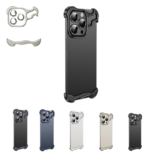 Special-Shaped Metal Corner Pad Anti-Fall Phone Case for iPhone 15 14 13 Pro Max, Lens Film Naked Frameless Slim Thin Bare Metal Feel (for iPhone 14Pro,Black) von Rejckims