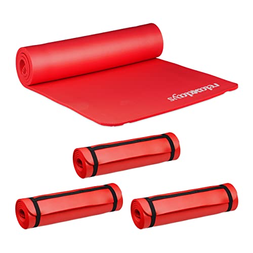 4 x Yogamatte, 1 cm dick, für Pilates, Fitness, gelenkschonend, mit Tragegurt, Gymnastikmatte 60 x 180 cm, rot von Relaxdays