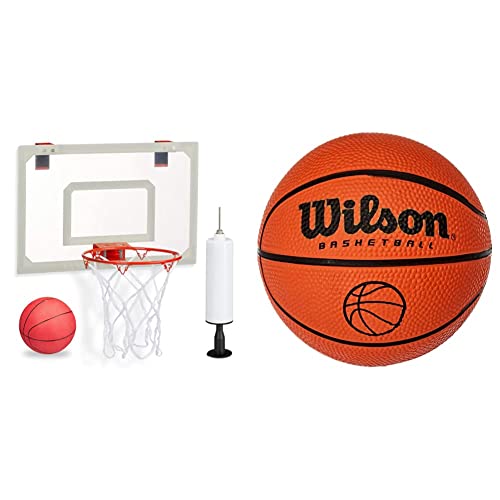 Basketballkorb fürs Zimmer, im Set mit Ball und Luftpumpe, Backboard zum an die Tür hängen, ohne Bohren, Mehrfarbig & Mic Wilson Basketballball von Relaxdays