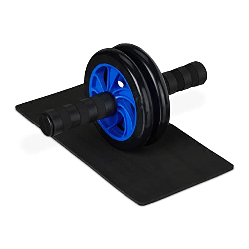 Relaxdays Bauchroller, Bauchtrainer für Zuhause, inkl. Kniematte, rutschfest, Fitnessrolle mit Gummirädern, Farbauswahl, Schwarz/Blau von Relaxdays