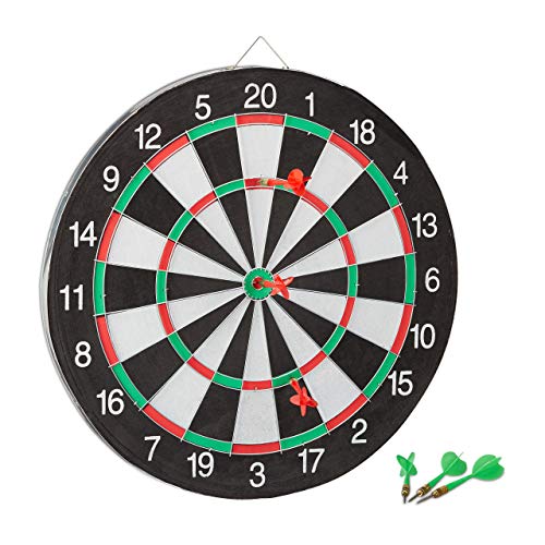 Relaxdays Dartscheibe X2 mit Pfeilen, 43 cm, 6 x Pfeile, zweiseitig, Steeldarts, Dartboard klassisch, schwarz-weiß von Relaxdays