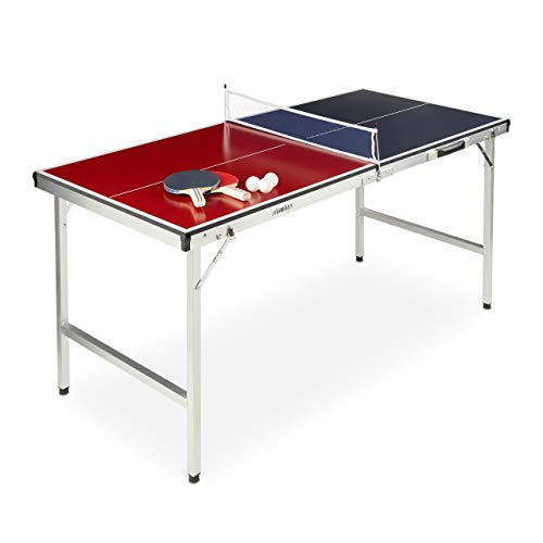 Relaxdays Klappbare Tischtennisplatte, tragbar, Netz, 2 Schläger, 3 Bälle, Alu, MDF, HBT: 67,5 x 151 x 67,5 cm, blau/rot von Relaxdays
