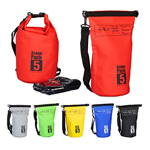 Relaxdays Ocean Pack, 5L, wasserdicht, Packsack, leichter Dry Bag, Trockentasche, Segeln, Ski, Snowboarden, rot von Relaxdays