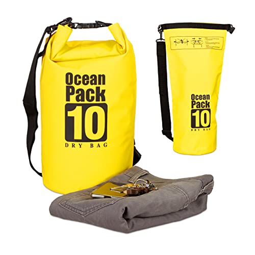 Relaxdays Ocean Pack 10 L, wasserdichter Dry Bag, ultraleichter Trockensack für Kajak, Segeln, Rafting, Skifahren, gelb von Relaxdays