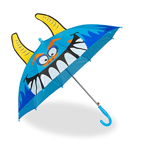 Relaxdays Regenschirm Kinder, 3D Motiv Monster, Kinderregenschirm Junge & Mädchen, Ø 78 cm, Kleiner Stockschirm, blau von Relaxdays