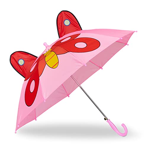 Relaxdays Regenschirm Kinder, 3D Motiv Schmetterling, Kinderregenschirm Mädchen, Ø 78 cm, Kleiner Stockschirm, rosa/rot von Relaxdays