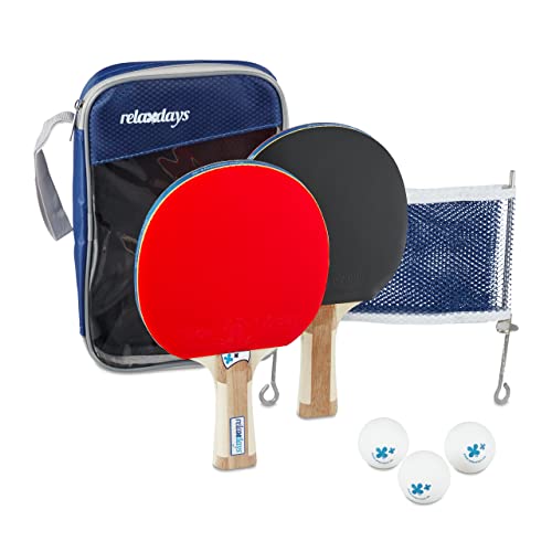 Relaxdays Tischtennis Set mit Netz, HxBxT: 27 x 17 x 5 cm, 2 konische Schläger, 3 Tischtennisbälle, Tragetasche, blau von Relaxdays