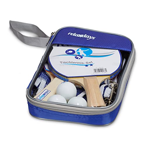 Relaxdays Tischtennis-Set Tasche, 2 Holzkellen, 3 Tischtennisbälle, Ping Pong Netz HxBxT: ca. 14 x 150 x 1,7 cm, blau, 1 Stück von Relaxdays