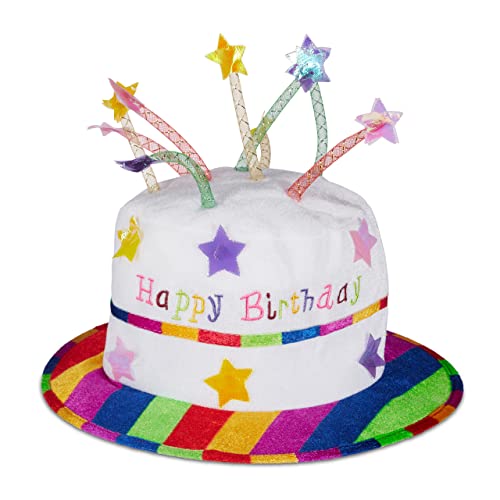 Relaxdays Unisex – Erwachsene Happy Birthday Hut Torte, Geburtstagshut mit Kerzen, Partyhut Geburtstagstorte, Plüschhut Party, weiß & bunt, bunt, 1 Stück von Relaxdays