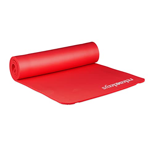 Relaxdays Unisex – Erwachsene Yogamatte, 1 cm dick, für Pilates, Fitness, gelenkschonend, mit Tragegurt, Gymnastikmatte 60 x 180 cm, rot von Relaxdays