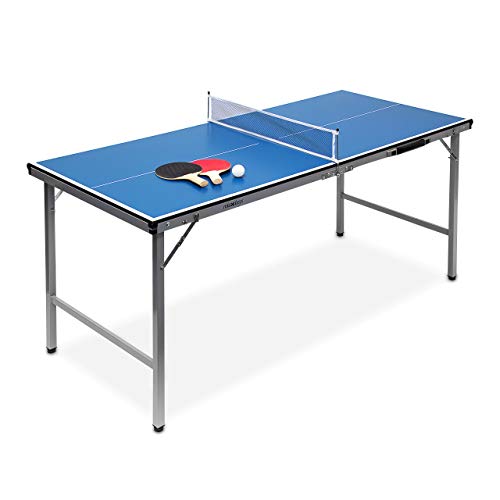 Relaxdays Unisex Jugend Midi Indoor Klappbare Tischtennisplatte, HBT: 71 x 150 x 67 cm, tragbarer Ping Pong Tisch, Netz, Bälle, Schläger, blau von Relaxdays
