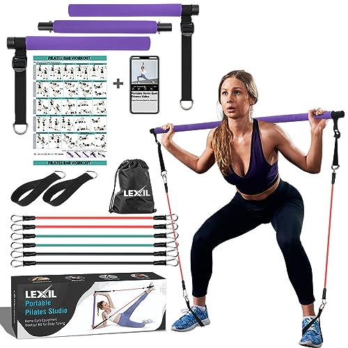 LEXIL Tragbares Pilates-Bar-Übungsset, stapelbar, 3 Paar Widerstandsbänder (15, 20, 13,6 kg) – Heim-Fitnessgerät für Männer und Frauen, Workout-Set für Körperstraffung, mit Fitness-Video (lila) von Rendann
