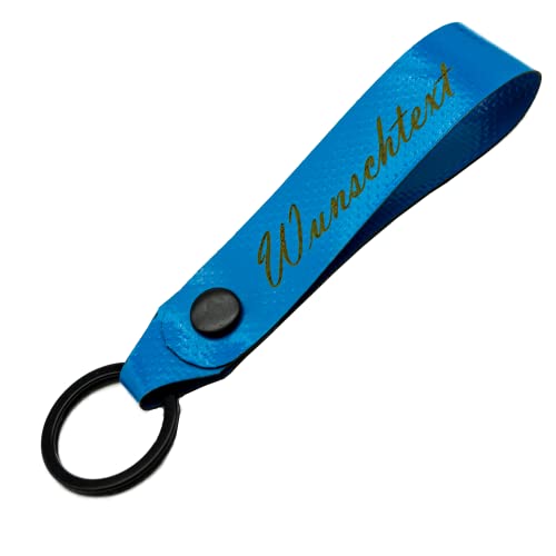Schlüsselanhänger mit Name Wunschname personalisiert individuell aus LKW Planenstoff farbig Hell Blau von Reskey