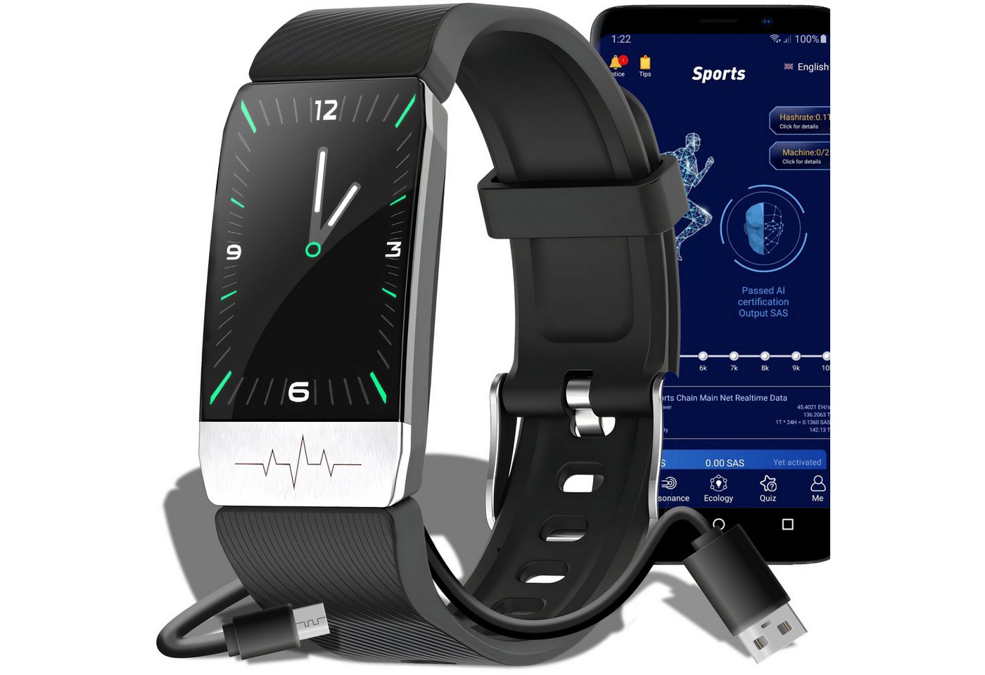Retoo Smartband Bluetooth Fitness Tracker Sport Schlafüberwachung Schwarz Smartwatch, Smartwatch, Bedienungsanleitung Aufladekabel, Displayschutzfolie, Gesundheits-Tracking, Komfort, Ästhetisches Design, Schlafüberwachung von Retoo