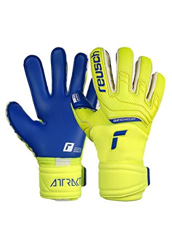 Reusch Herren Attrakt Unisex Torwarthandschuhe mit Innennaht Schnitt und Grip Duo Belag, geeignet für alle Spielfeldoberflächen Fußballhandschuhe für Erwachsene, gelb/blau, 11 von Reusch