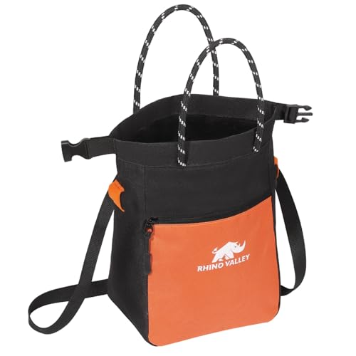 Rhino Valley Magnesiabeutel, kein Leck magnetische Klettern Chalk Bag mit Griff, Klettern Chalk Bucket Gear mit verstellbaren Gürtel Reißverschlusstaschen für Fitness, Gewichtheben, Schwarz+Orange von Rhino Valley