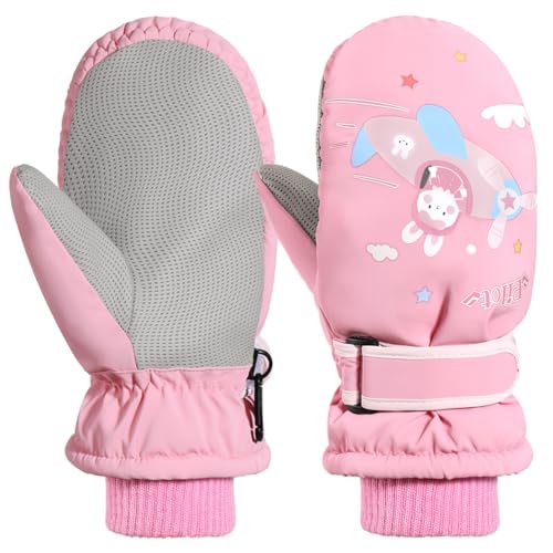 Rhino Valley Winterhandschuhe für Kinder, Wasserdicht Skihandschuhe Schneehandschuhe mit Verstellbar Klettverschluss, Jungen/Mädchen Fäustlinge Kinder für Outdoor Skifahren Snowboarden, M, Rosig Rosa von Rhino Valley