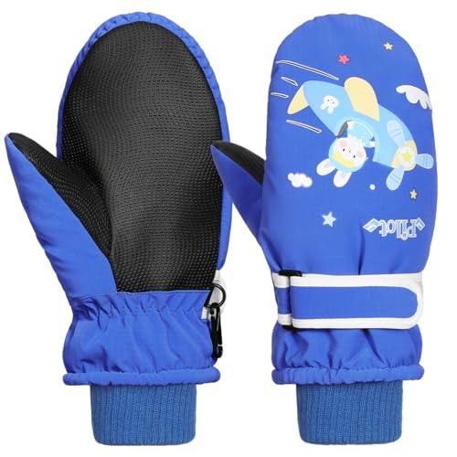Rhino Valley Winterhandschuhe für Kinder, Wasserdicht Skihandschuhe Schneehandschuhe mit Verstellbar Klettverschluss, Jungen/Mädchen Fäustlinge Kinder für Outdoor Skifahren Snowboarden, S, Blau von Rhino Valley