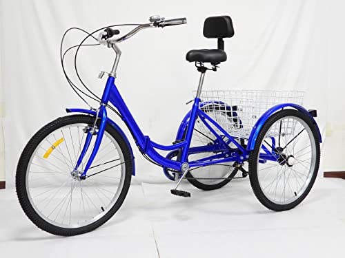 RibasuBB Dreirad für Erwachsene, 24 Zoll 7 Gang 3 Rad Senioren Fahrrad Tricycle mit Korb, Dreirädriges Cruiser-Fahrrad für Erholung, Einkaufen, Picknicks, Blau von RibasuBB