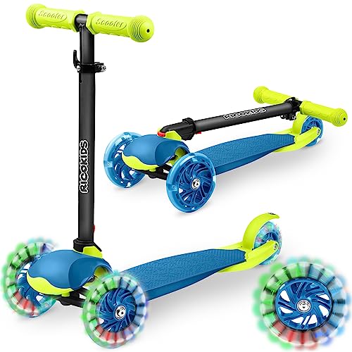 RicoKids Dreirad-Roller für Kinder - Kinderroller mit Leuchtenden Rädern - Faltbare City-Scooter mit Großen Rädern - Scooter für Kinder - 3-Stufige Höhenverstellung - 27,5x56,5x15cm Blau-Grün von Ricokids
