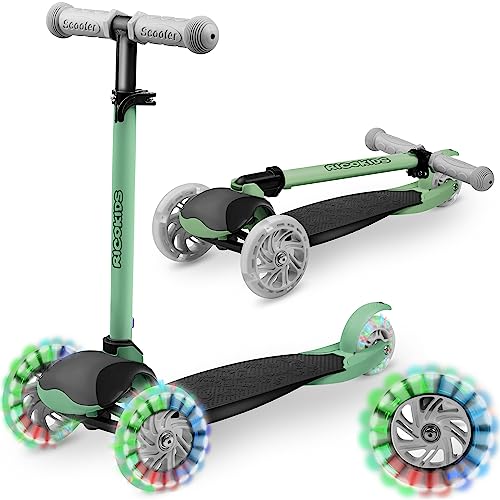 RicoKids Kinderscooter Dreirad-Roller für Kinder - Kinderroller mit Leuchtenden Rädern - Faltbare - Scooter für Kinder - 3-Stufige Höhenverstellung - 27,5x56,5x15cm Schwarz-Grün von Ricokids