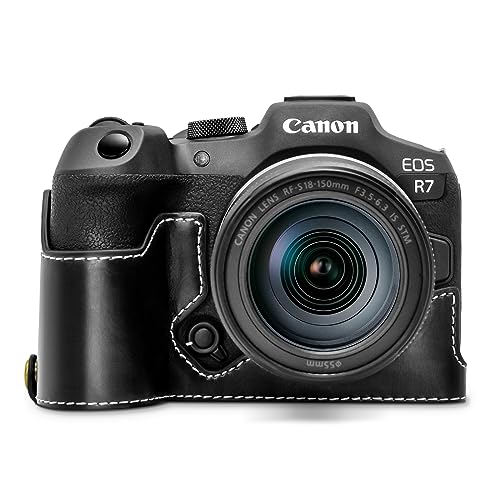 Rieibi EOS R7 Hülle – Qualitäts PU Leder Halbtasche für Canon EOS R7 spiegellose Kamera – Grifftasche für Canon EOSR7, Schwarz, Kameratasche von Rieibi