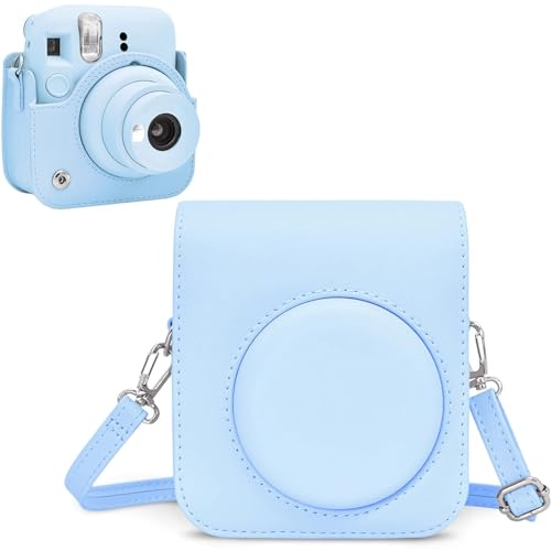 Rieibi Tasche für Fuji Instax Mini 12 – PU Leder Polaroid Schutzhülle für Fujifilm Instax Mini 12 Sofortbildkamera mit verstellbarem Schultergurt – Blau von Rieibi